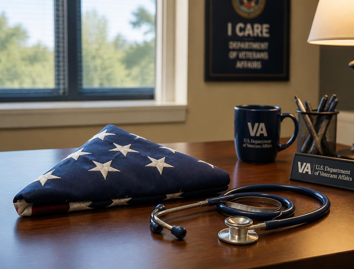 Folded American flag and stethoscope on a VA clinic desk
