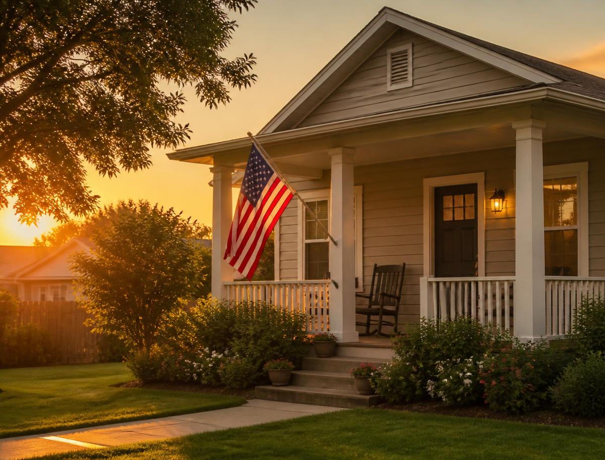 American home at sunset with a flag on the porch