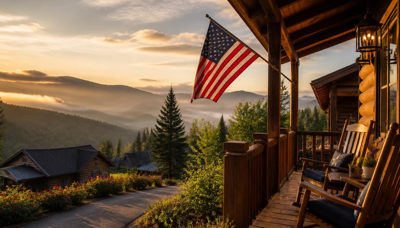 American flag on a cabin porch overlooking the misty Smoky Mountains at sunrise